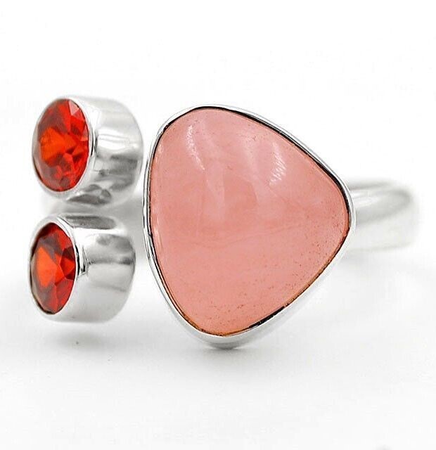 Natural Rose Quartz Madagascar & Garnet 925 Sterling Silver Ring Sz 6.5