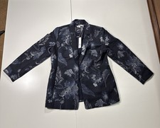 Chico's Navy Floral Blazer Women Collared Hook  Eye Lined Long Sleeve Sz 1