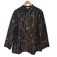 Chicos Silk Embroidered Beaded Jacket Black Floral Bird Art to Wear XL Size 3