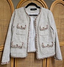 ZARA BASIC Tweed Jacket Blazer Beige Braided Rope Trim Gold Buttons Size Large L