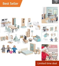 Deluxe Wooden Dollhouse Furniture Set 36pcs with 4 Dolls - Safe Fun for Kids