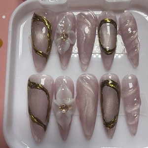 PAIE Long 3D Flower Stiletto Press-On Nails Full Cover Set Pink Gold White