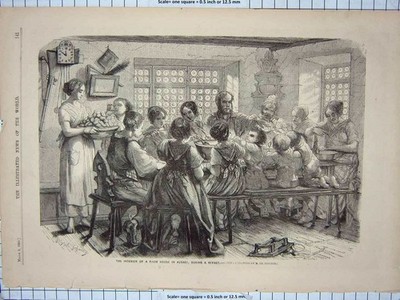 Original alter antiker Druck 1860 Interieur Bauernhaus Elsass Repast Dinner Time