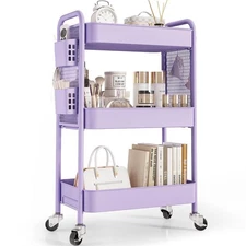 3 Tier Rolling Cart Storage Organizer, Metal Rolling Utility Cart with Wheels...