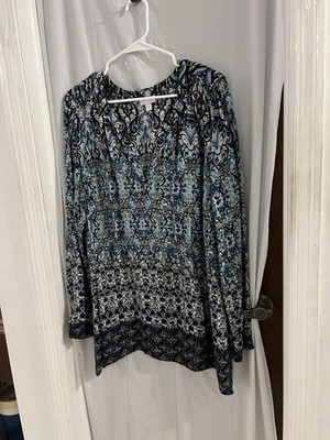J.Jill Womens XL Tunic Top Boho Blue Mosaic V Neck Long Sleeve Lightweight