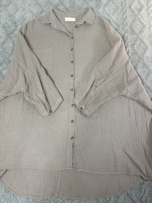 STARK X Mixed Media Button Down Long Sleeve Boho Gray Shirt  Large