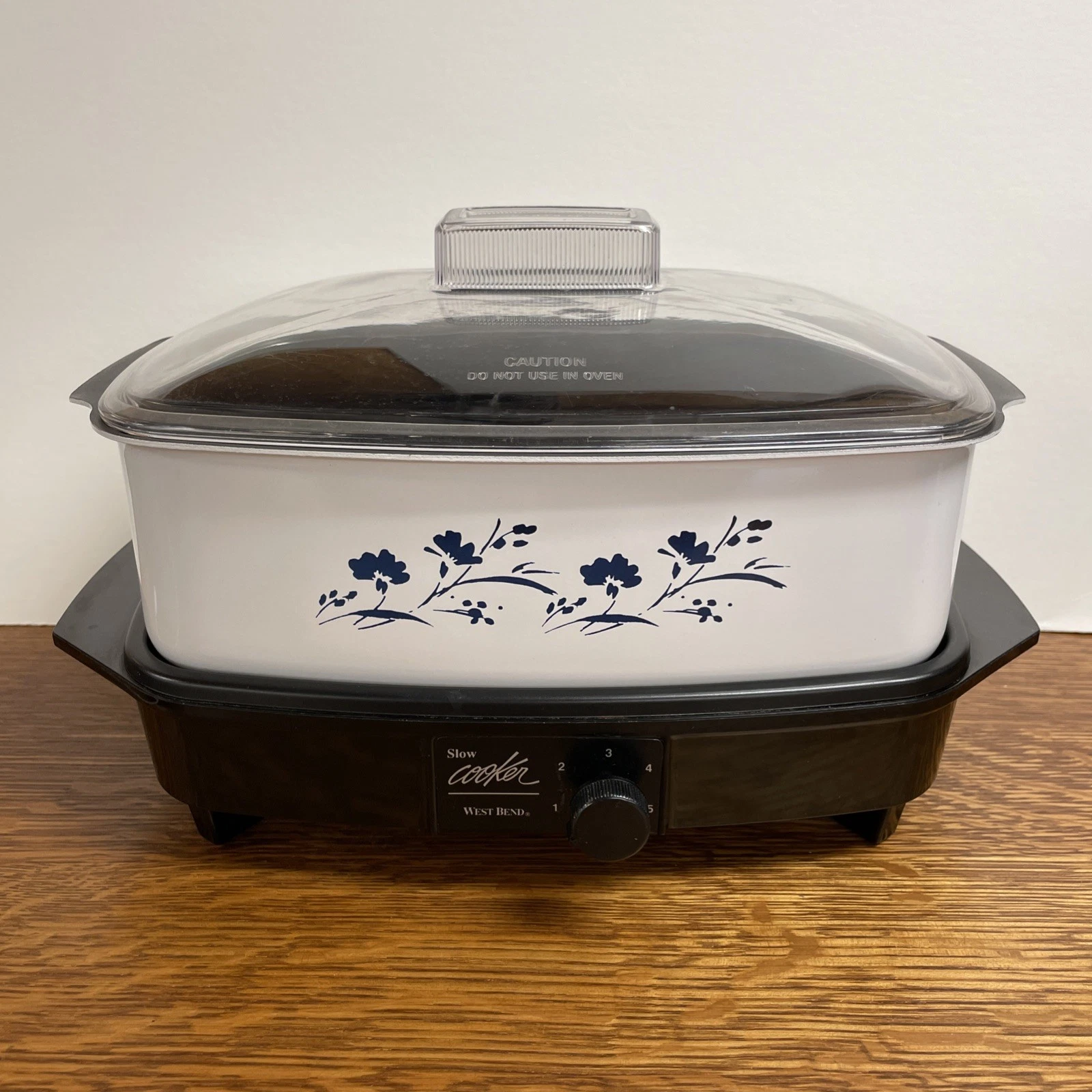 Vintage West Bend 4 Qt Slow Cooker Crock Pot W Plastic Lid Blue Flowers WORKS