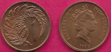 NEW ZEALAND 1 CENT 1988 UNC SILVER FERN LEAF AND DENOMINATION,Third crowned port