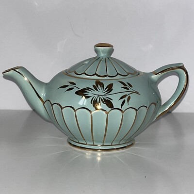 VTG SADLER Teapot Aqua Blue Gold Cup 6 oz Embossed M15 II England 1940-50s 6.25''