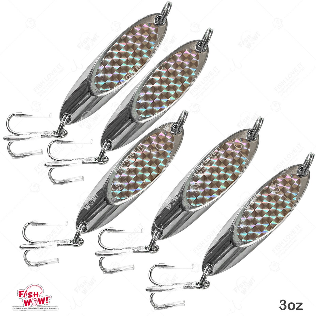 cast a spoon with a fish hook Qty 5 Fish WOW! 3oz Kast Spoon jigs Silver Laser tape Premium Champ Cast  Chrome