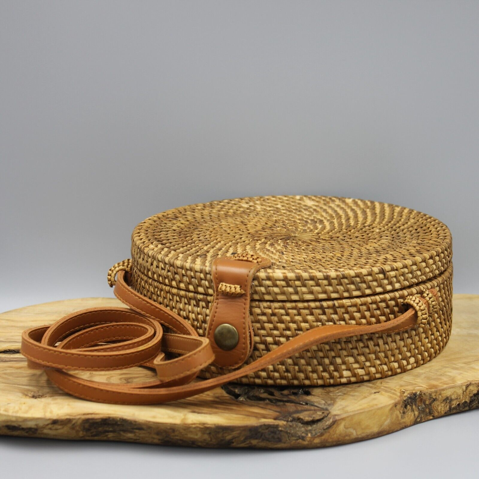 Hand Woven Round Rattan Bag Leather Crossbody Str… - image 1