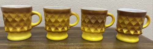 4 Vintage Anchor Hocking Kimberly Diamond Coffee Mug Fire King Brown Yellow