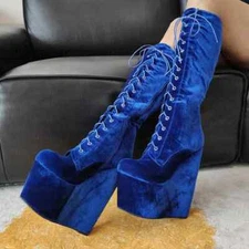 Women Knee High Boots 20cm High Heels Platform Wedges Side Zip Up Tall Boots