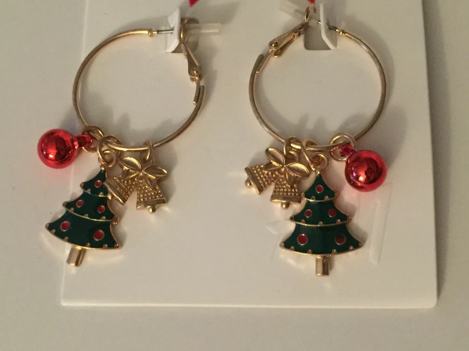 NUEVO CON ETIQUETAS PENDIENTES Árbol de Navidad Aro Cuelga Oreja Perforada Rojo Dorado Navidad Foto 2 de 4