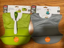 New Oxo Tot Bib Lot - 1x On-the-Go Green Bib & Spoon Set and 1x Gray Roll Up Bib