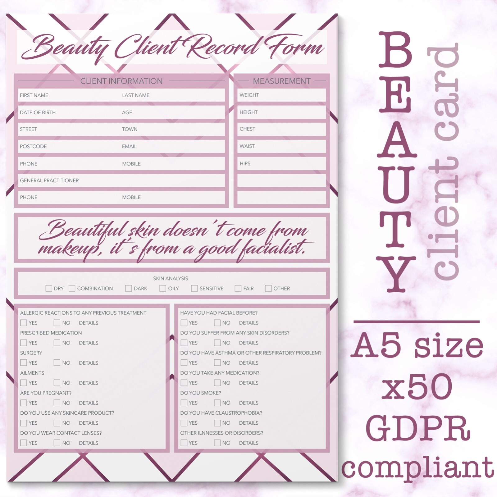 Beauty Client Record Card Form PREMIUM Treatment Consultation A5 GDPR x50