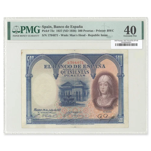 500 Pesetas Spain 1927 Pick #73c PMG EF-40
