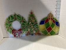 3 Vtg Stained Glass Look Window Decor Christmas Wreath ,Tree,  Ornament Plastic