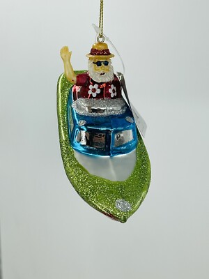 Raz Import Santa in Speedboat Christmas Figurine Glass Ornament 5''  