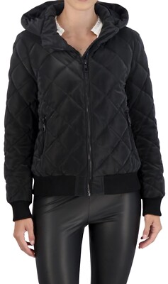 OOKIE AND LALA Carbon Puffer Jacket Hooded Quilted Bomber Black Size S New