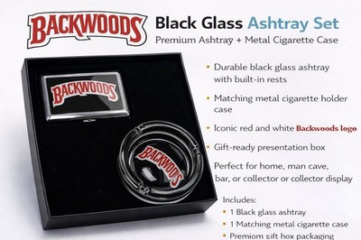 Backwoods Black Glass Ashtray Set w/ Metal Cigarette Case Gift Box Accessories