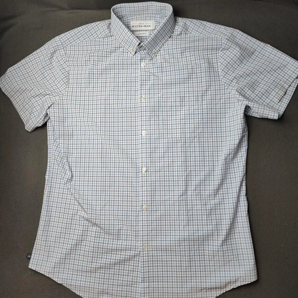 Mizzen+Main Shirt Mens XL Blue Plaid Leeward Trim Fit Short Sleeve Button Down - Image 2 of 4