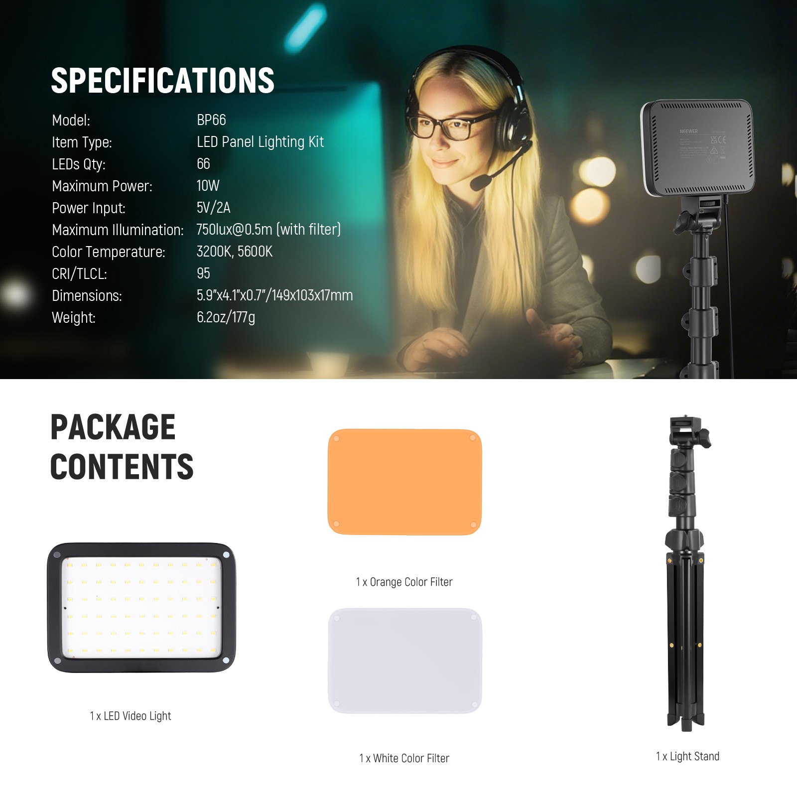 NEEWER Basics BP66D LED Video Light Kit w/Tripod, 3200K-5600K