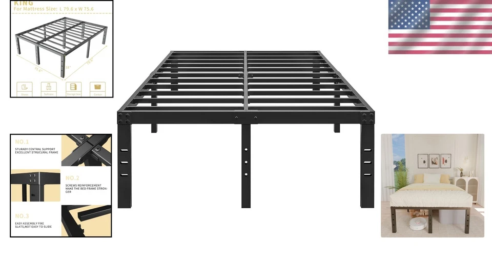Marco de cama de metal negro tamaño king - 3000 libras de capacidad, características de eliminación de ruido Foto 2 de 4