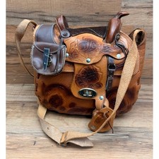 Vintage Tooled Leather Saddle Bag Purse in Tan and Dark Brown made in Mexico