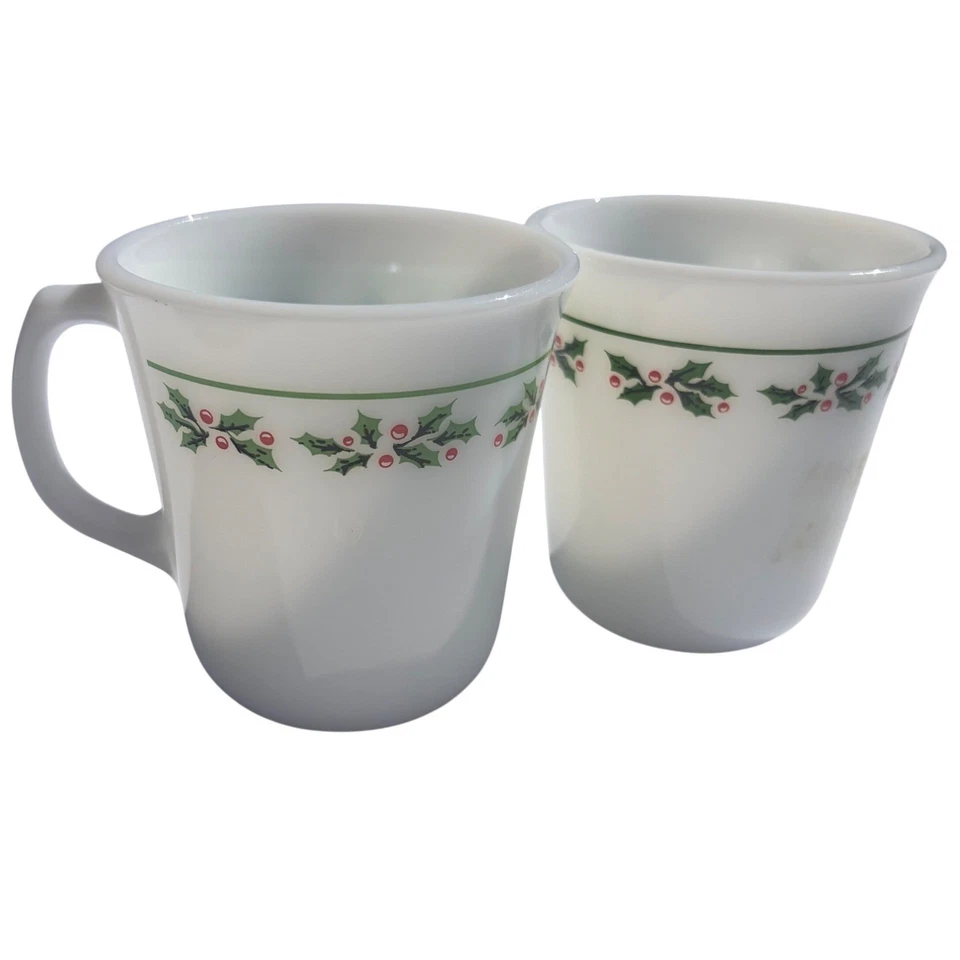 Vintage Corning Milk Glass Holly Berry Christmas Coffee Mugs Set of 2 White - image 1 of 4