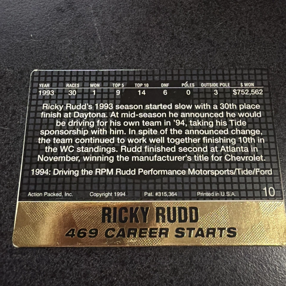 1994 Action Packed Ricky Rudd #10 - Image 2 of 2