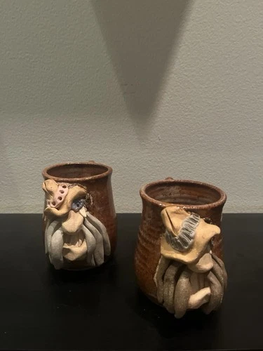 Vintage Ugly Face 3D Coffee Cup Mug Art Pottery Glazed Handmade Signed