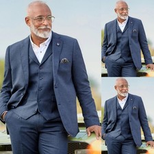 Navy Blue Linen Men's Suits Formal Casual Wedding Tuxedos Summer Beach 3Pieces