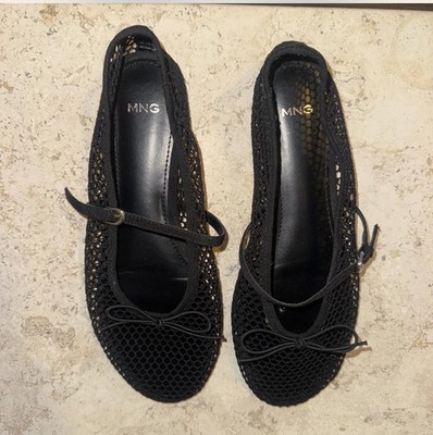 Mango Women s Black Mesh Mary Jane Flats Buckle Strap Bow US 7.5 EU 38
