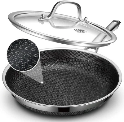SNOWCLAD Frying Pan W/Lid Non Stick Stainless Steel Skillets Induction Oven, 10"