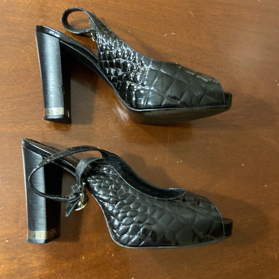 TORY BURCH Allison BlackEmbossed Croc Patent Leather Peep Toes Slingback Heels 9 - Image 2 of 4