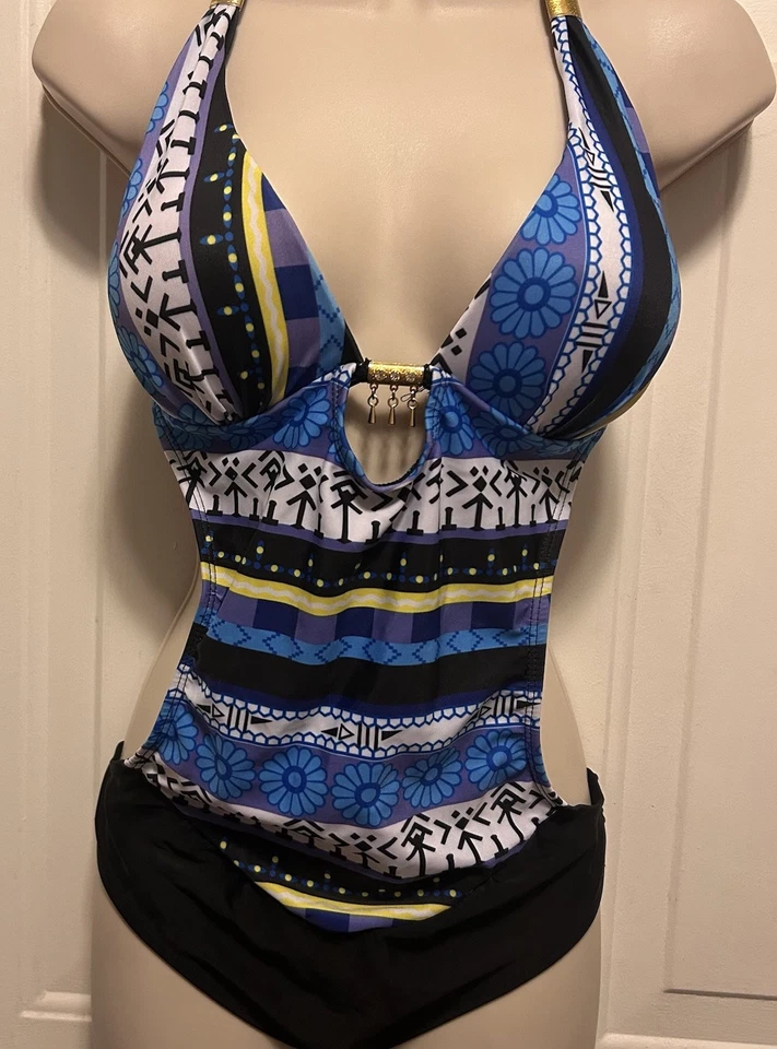 Traje de baño elegante estilo halter estampado bohemio/tribal de una pieza imitación dorado detalles XL Foto 3 de 4