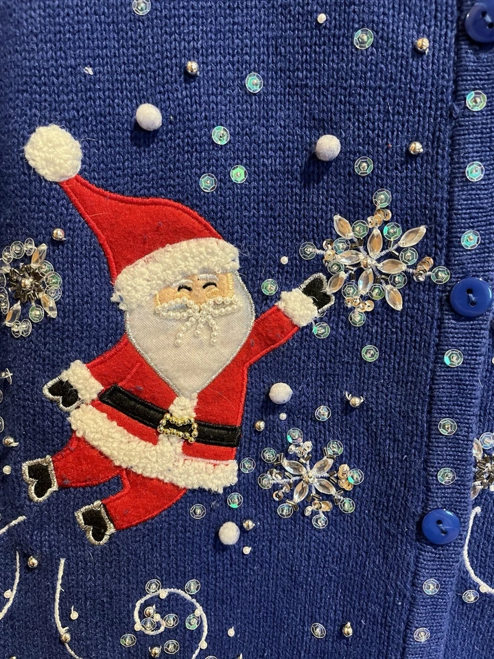 Kim Rogers Womens Christmas Sweater Sequin Snowmen Santa Winter Size XL Blue - Image 2 of 4