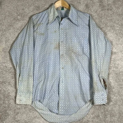 Vintage 70s Kmart Permanent Press Mens Blue Geometric Button Down Shirt 15.5-33 - Image 1 of 4