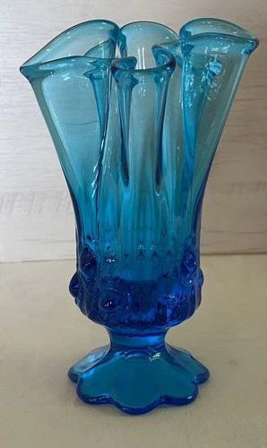 Fenton Colonial Blue Cabbage Rose Glass Swung Ruffle Edge Vase 6.25 inches