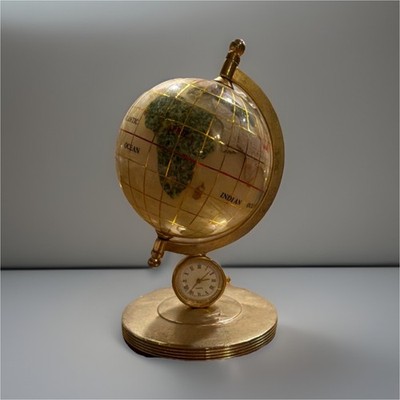 Small Rotating Tabletop World Globe w/ Built-In Clock, Gold Metal Base