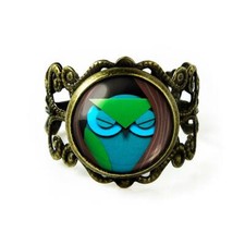 Cute Paper Craft Owl Teal Cartoon Handmade Antique Bronze Ring