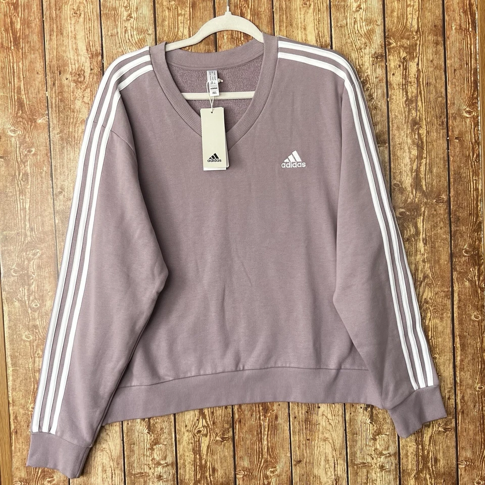Adidas Mujer 3 Rayas Cuello en V Sudadera XL Preciado Color Figura, Terry Francés Foto 2 de 4
