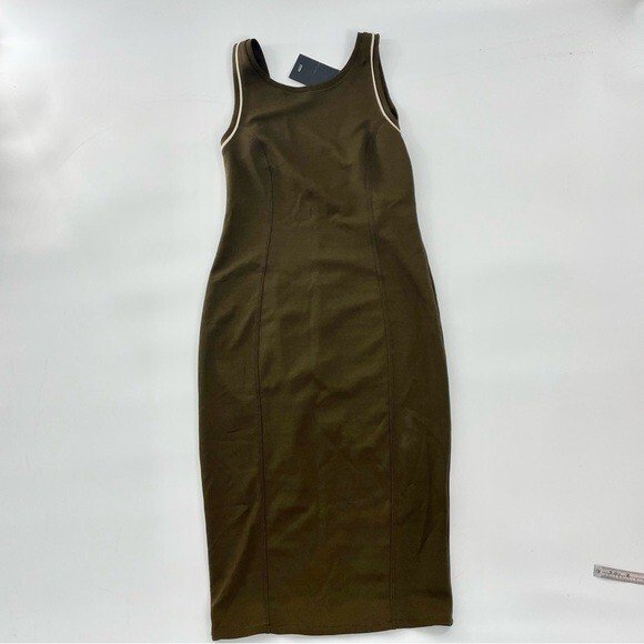 NWT ZARA Chocolate Brown Stretch Scoop Back Minimals Neutral Bodycon Midi Dress thumbnail 3