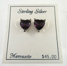 .925 Sterling Silver Purple CZ Heart Earrings w/ Marcasite Accents Stud