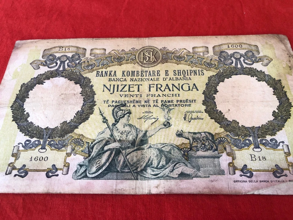 BILLETE ALBANIA 20 FRANGA 1939 BILLETES ALBANESES OCUPACIÓN ITALIANA ITALIA SEGUNDA GUERRA MUNDIAL Foto 2 de 4