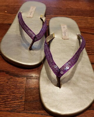Vintage Fred Segal En Vogue Designer Purple Sequin Silver Metallic Flipflop 8/38