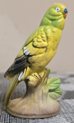 Small Multicolor Parakeet Bird Sitting on Tree Stump with Leaves Figurine