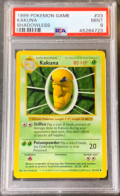 Kakuna Shadowless　WOTC Pokemon Card Shadowless Kakuna PSA 9 Mint, Base Set 33/102, WOTC