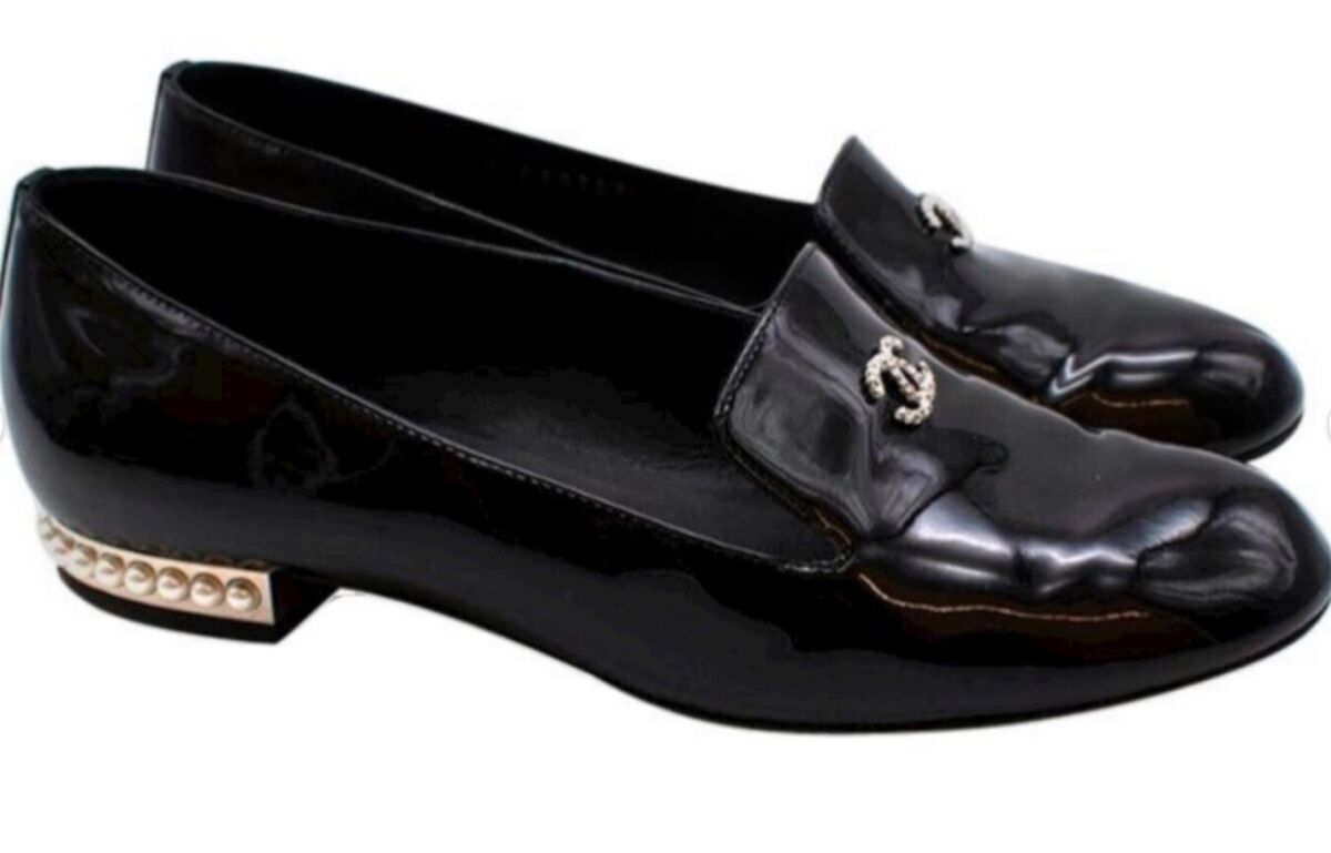 Chanel Black Patent Leather CC Loafers with Pearls Around Chanel Black Patent Leather CC Loafers with Pearls Around